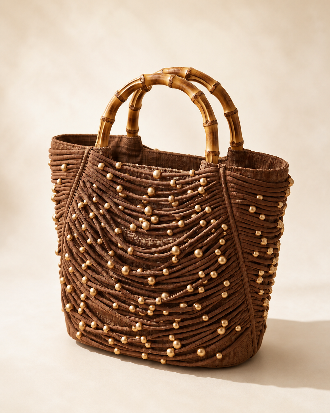 Embellished Corded Fabric Tote Bag with Bamboo Handles