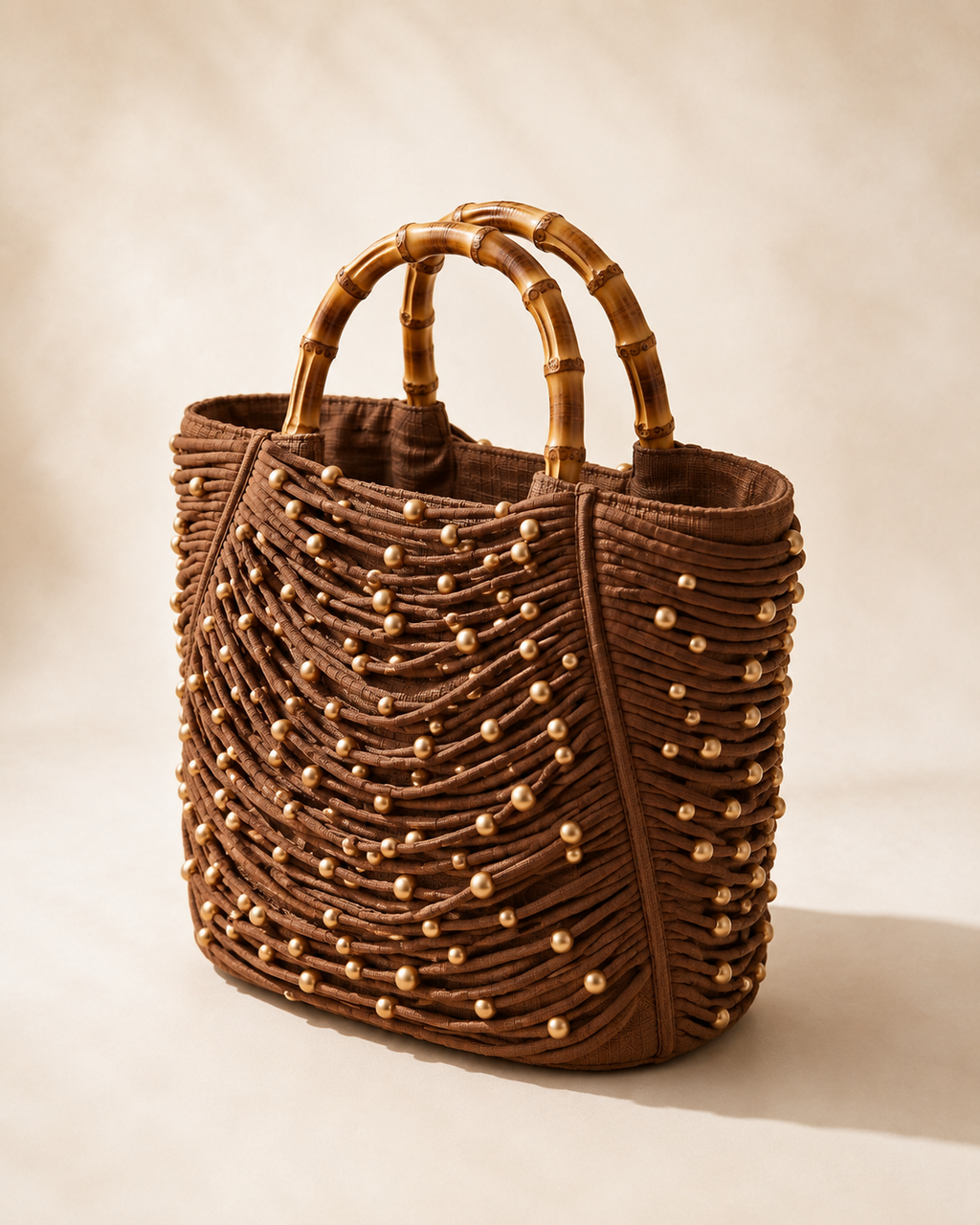 Embellished Corded Fabric Tote Bag with Bamboo Handles