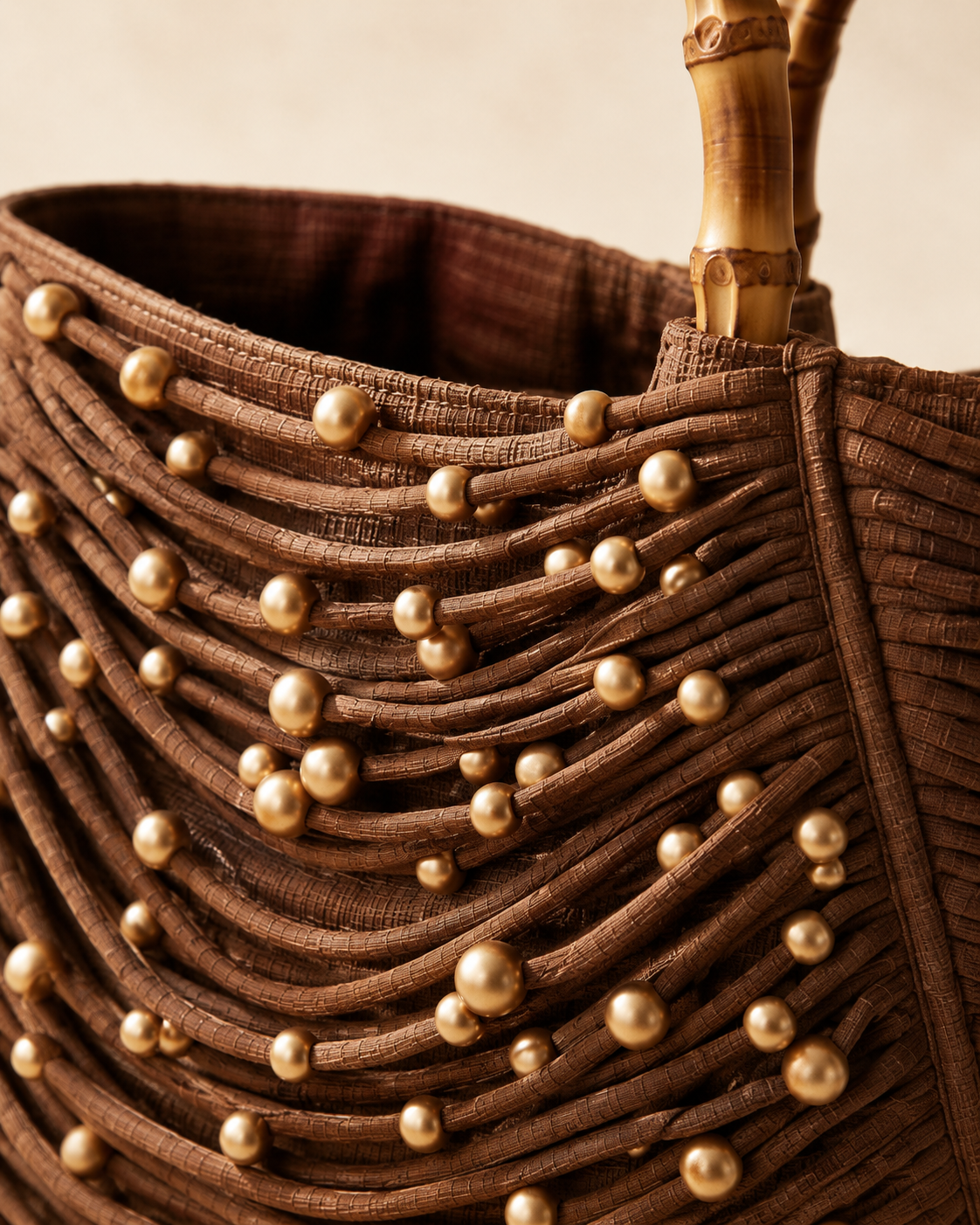 Embellished Corded Fabric Tote Bag with Bamboo Handles
