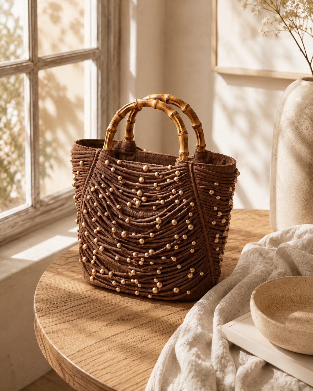Embellished Corded Fabric Tote Bag with Bamboo Handles
