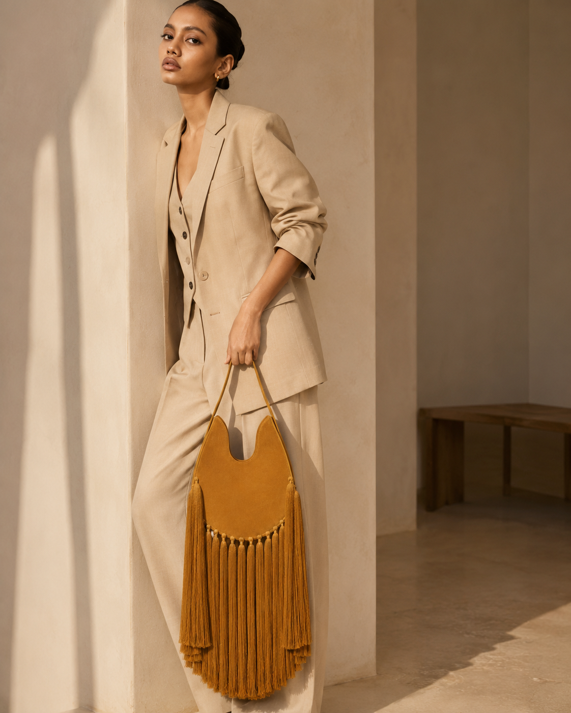 Velvet Fringe Hobo Bag with Silk-Touch Tassels
