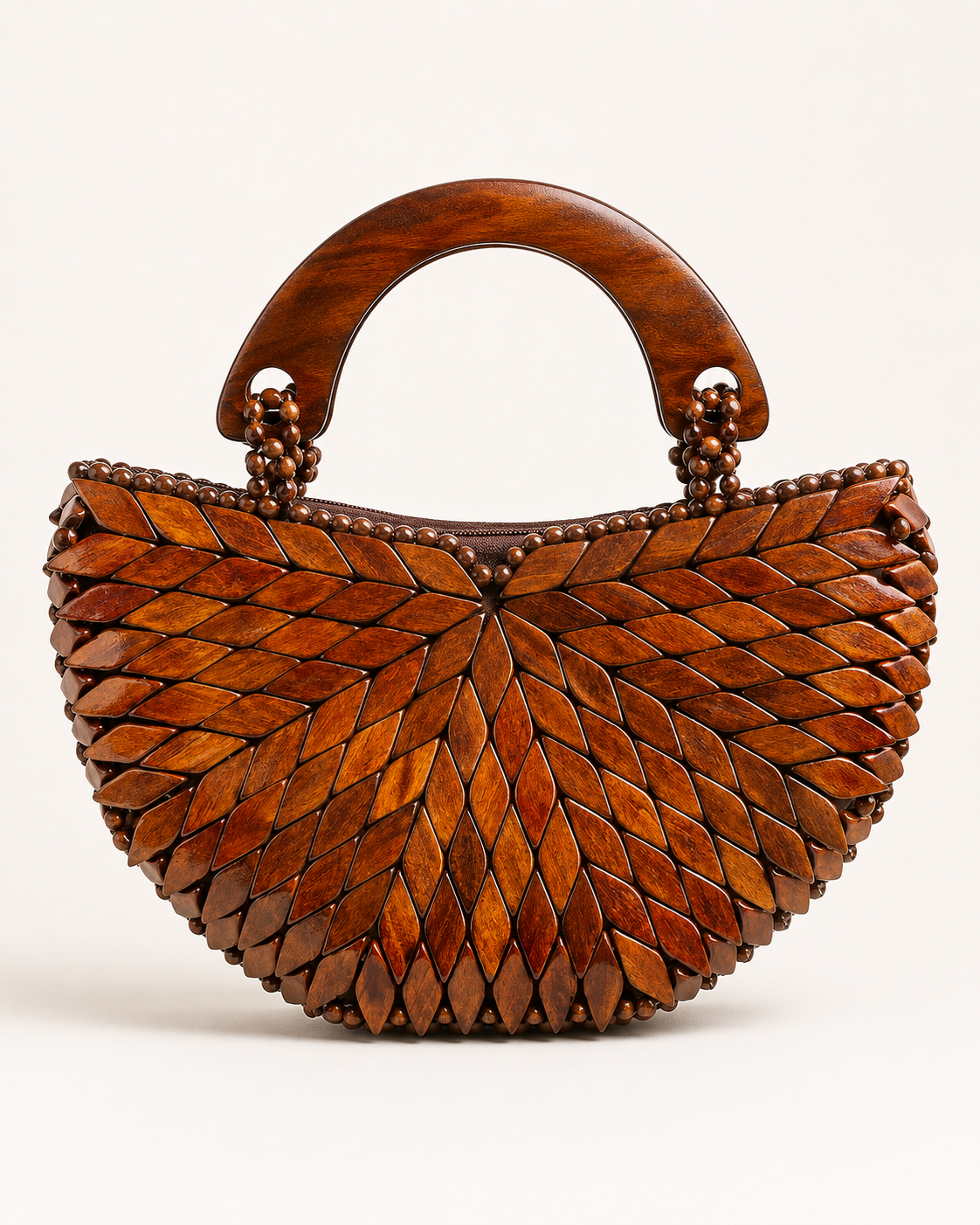 Artisanal Wooden Leaf Beaded Tote Bag with Sculptural Handle