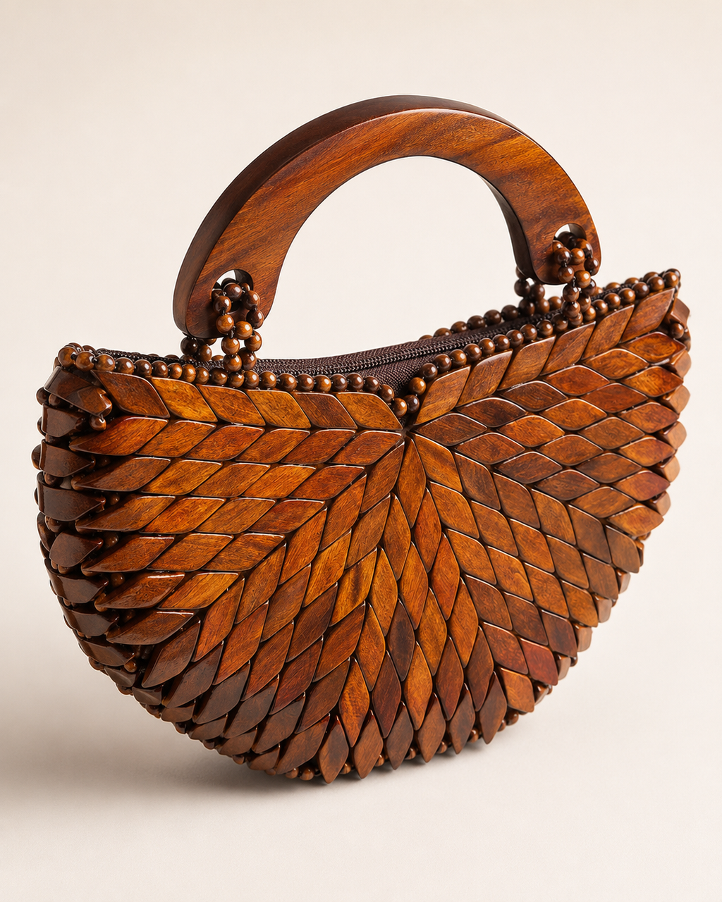 Artisanal Wooden Leaf Beaded Tote Bag with Sculptural Handle