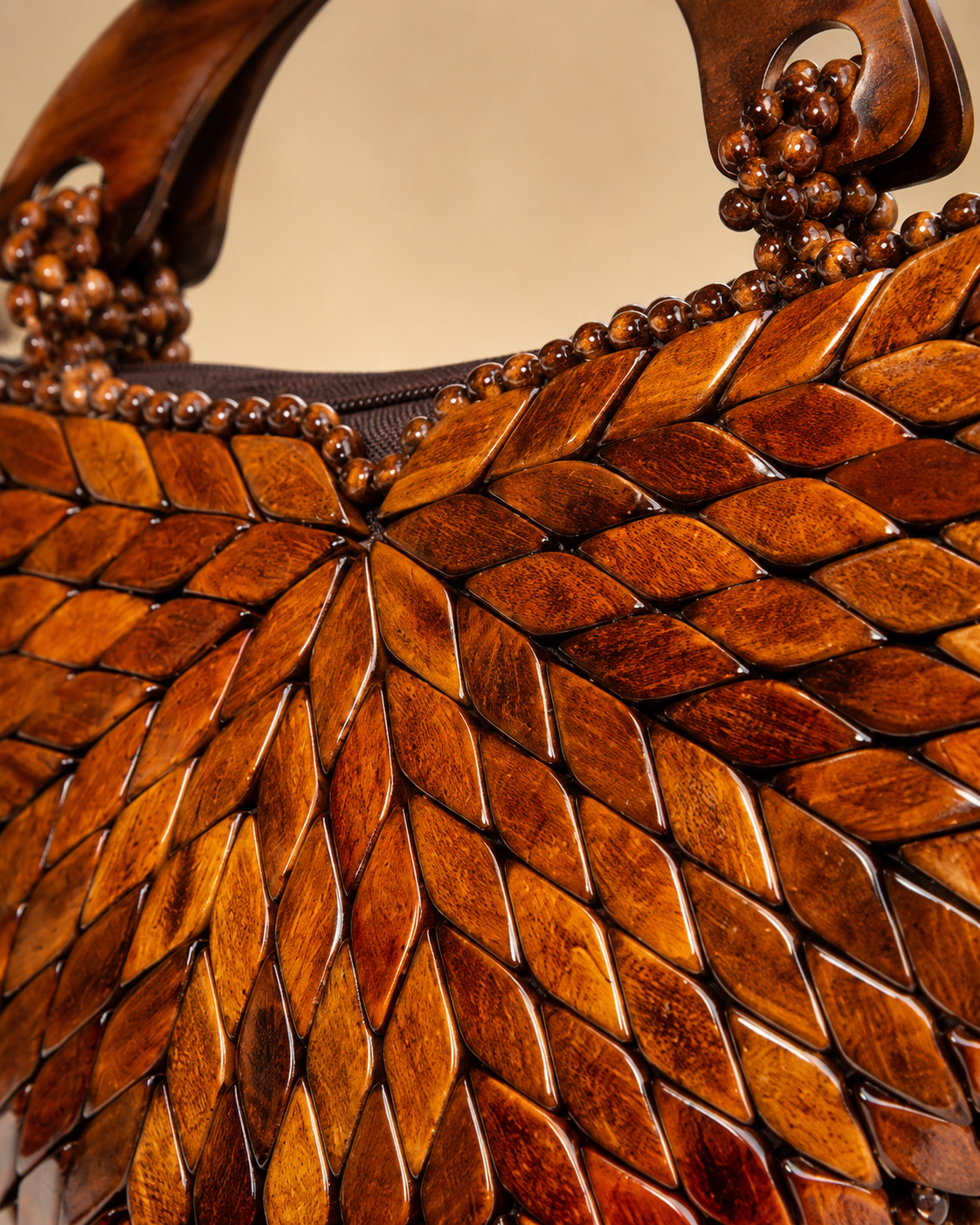 Artisanal Wooden Leaf Beaded Tote Bag with Sculptural Handle
