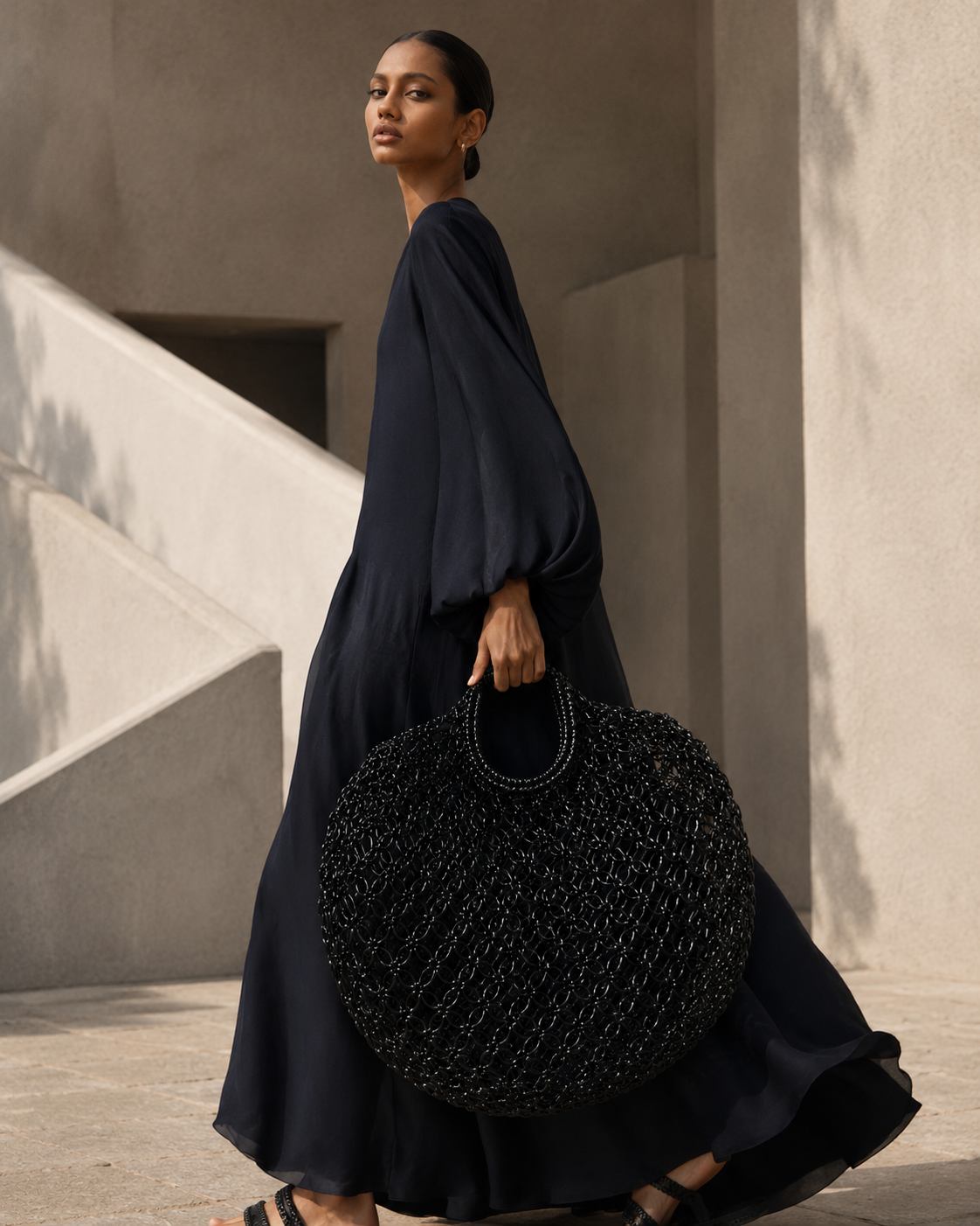 Oversized Macramé Link Round Tote Bag in High-Shine Onyx