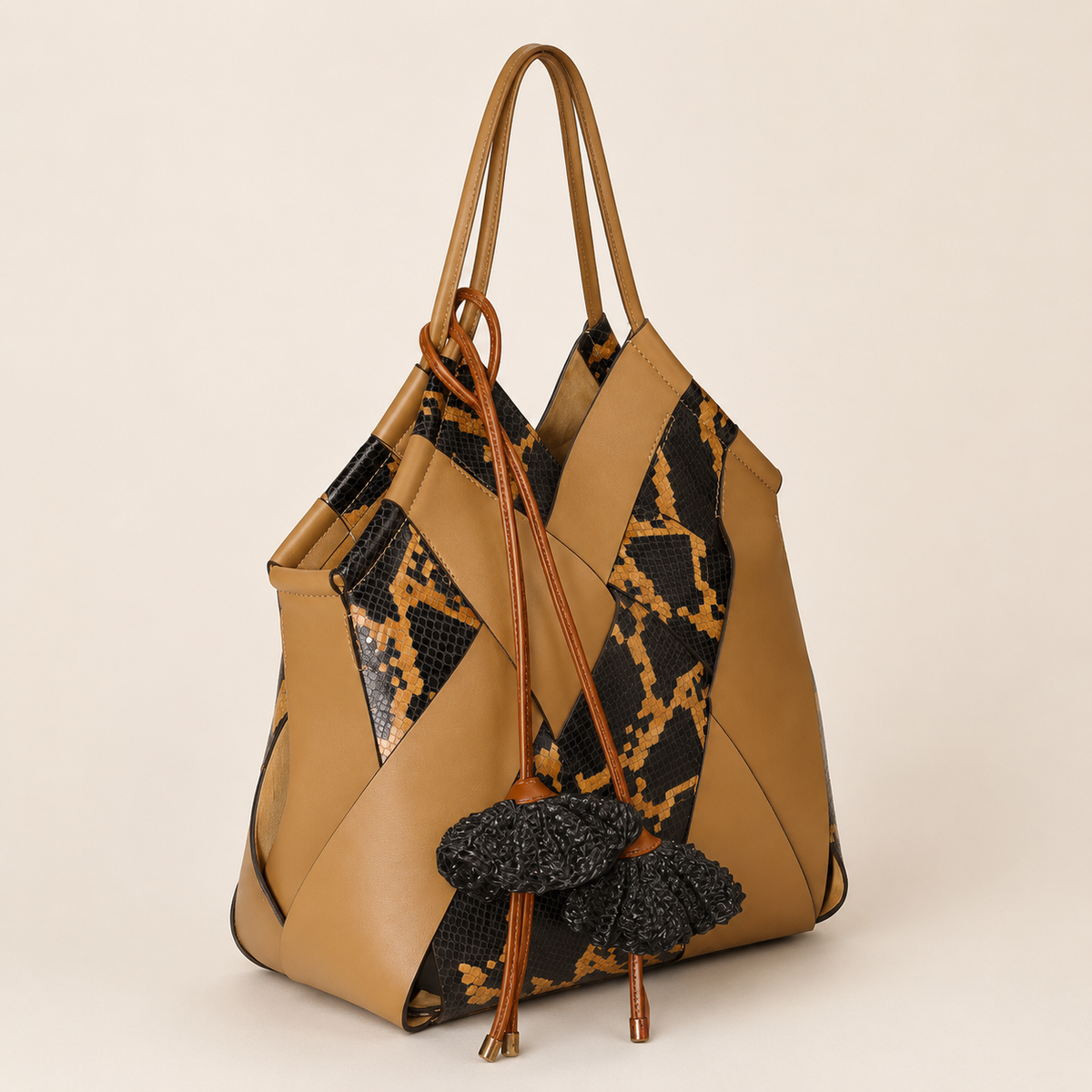 Mixed Leather and Snakeskin Patchwork Tote Bag with Raffia Tassels