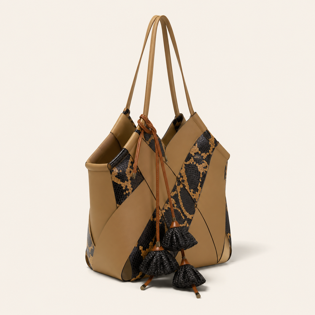 Mixed Leather and Snakeskin Patchwork Tote Bag with Raffia Tassels