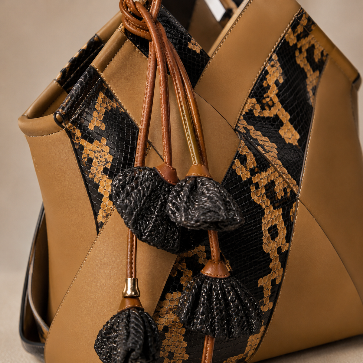 Mixed Leather and Snakeskin Patchwork Tote Bag with Raffia Tassels