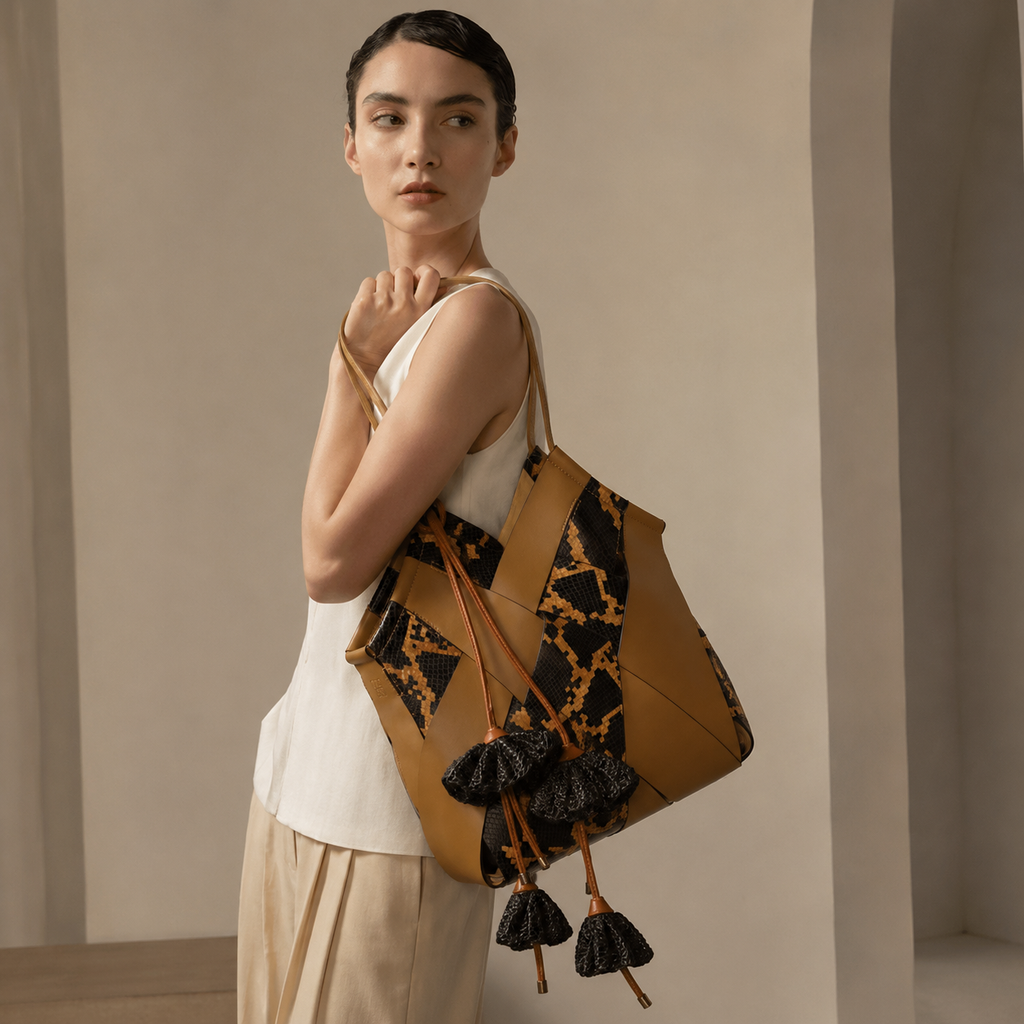 Mixed Leather and Snakeskin Patchwork Tote Bag with Raffia Tassels