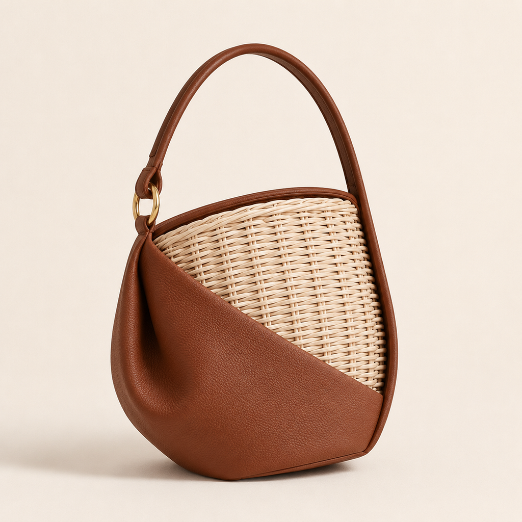 Asymmetric Leather and Woven Rattan Hobo Bucket Bag