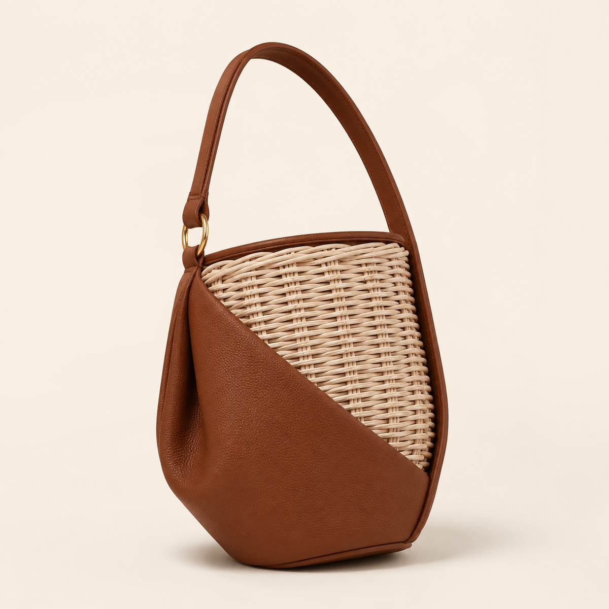 Asymmetric Leather and Woven Rattan Hobo Bucket Bag
