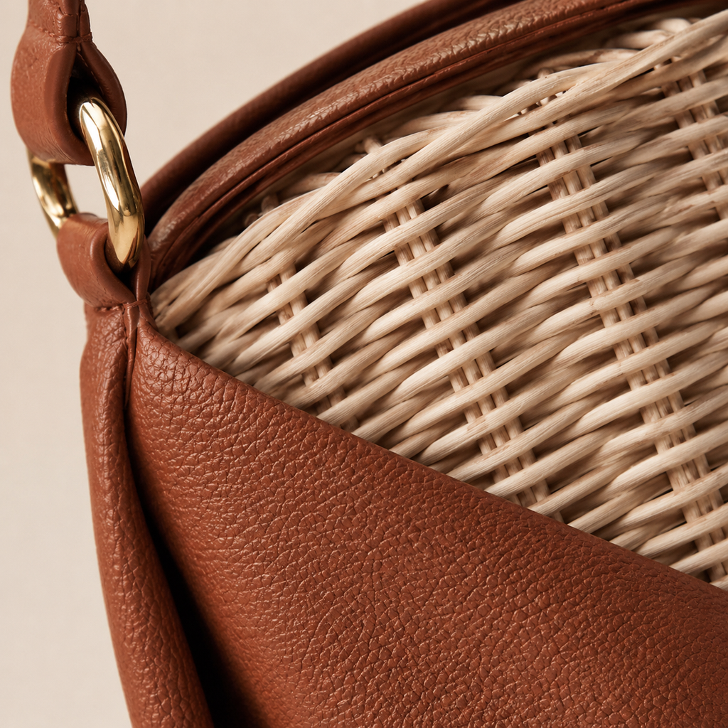 Asymmetric Leather and Woven Rattan Hobo Bucket Bag