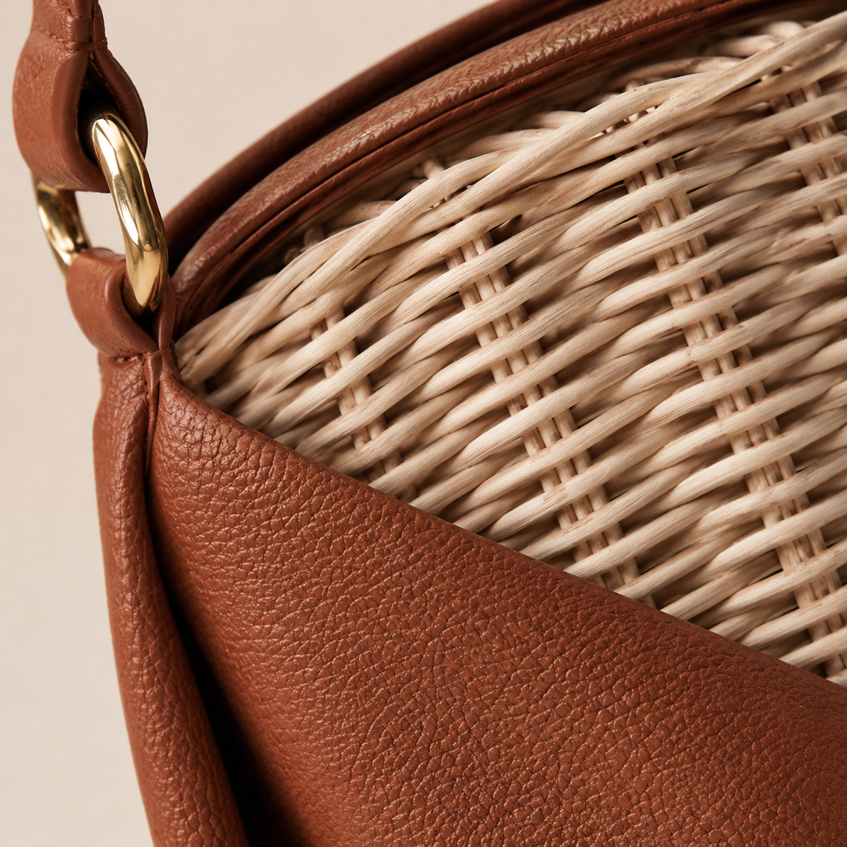 Asymmetric Leather and Woven Rattan Hobo Bucket Bag