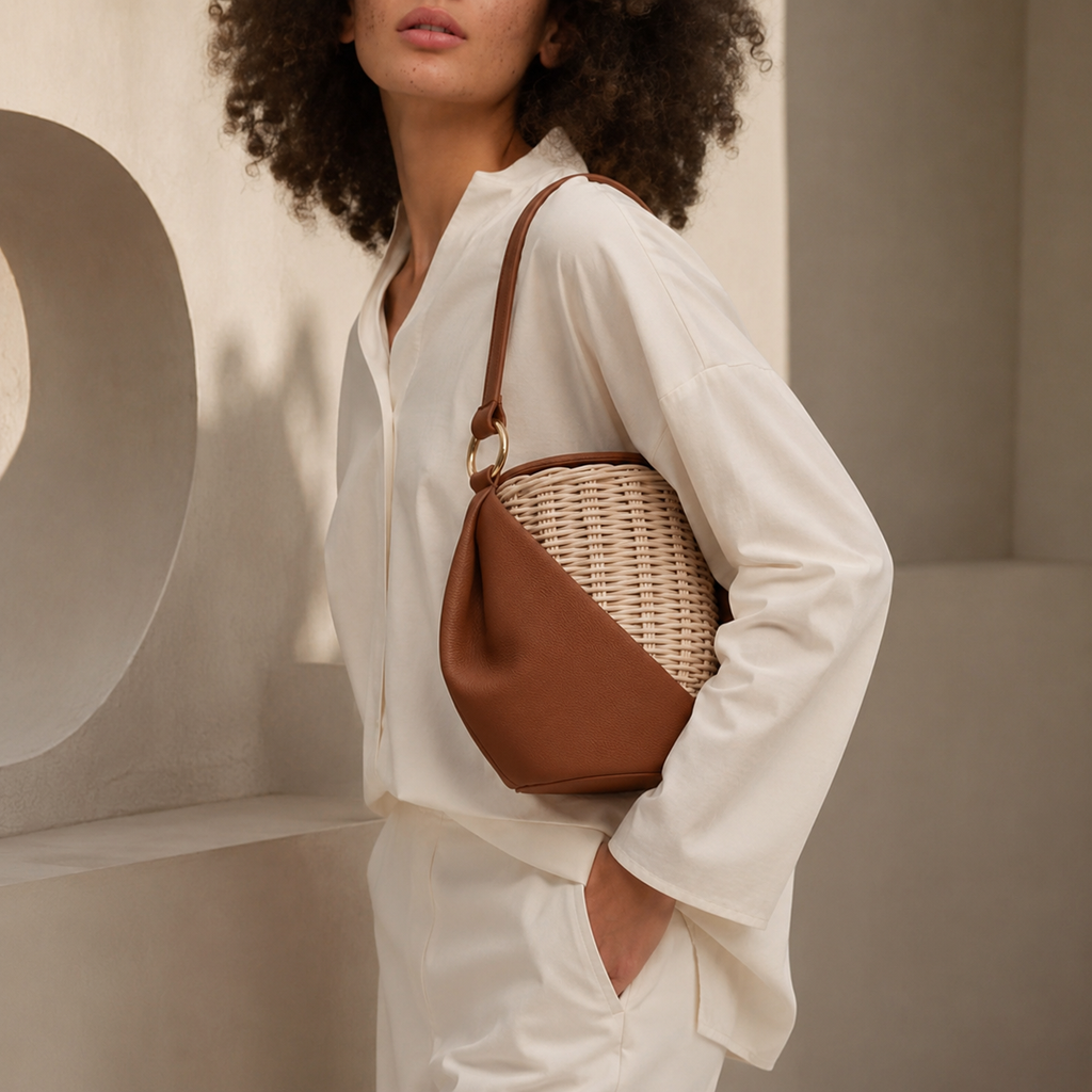 Asymmetric Leather and Woven Rattan Hobo Bucket Bag