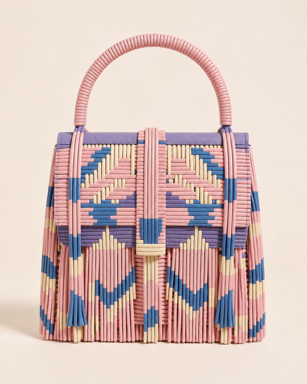 Geometric Woven Leather Top-Handle Bag with Fringe