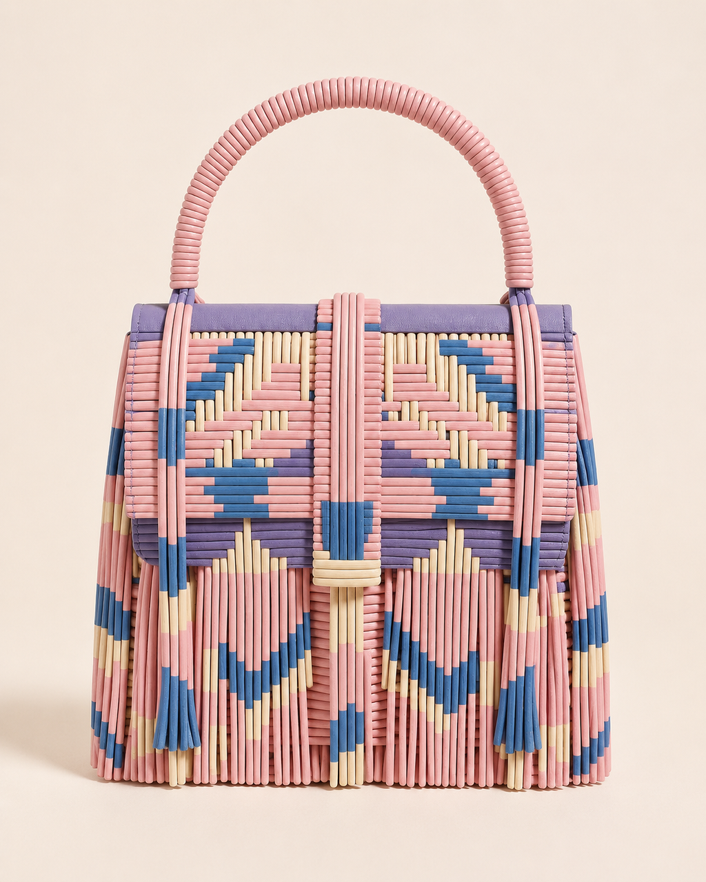Geometric Woven Leather Top-Handle Bag with Fringe