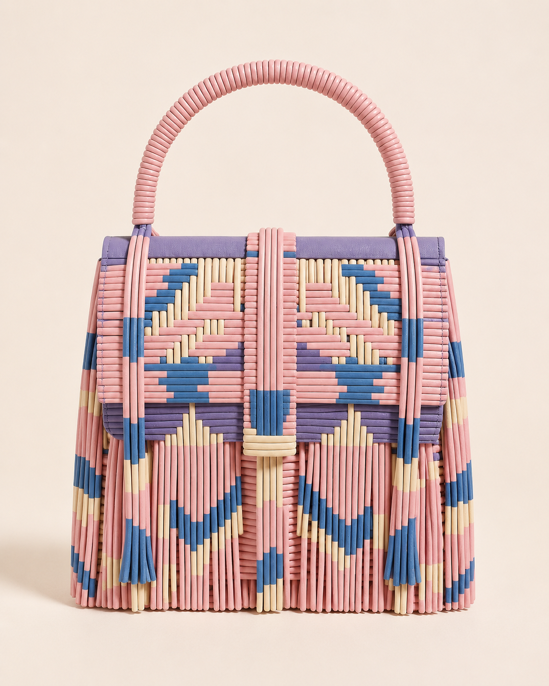 Geometric Woven Leather Top-Handle Bag with Fringe