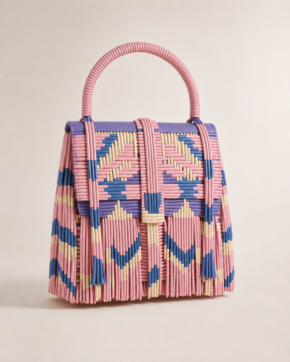 Geometric Woven Leather Top-Handle Bag with Fringe