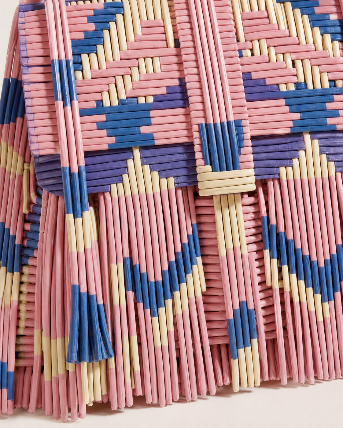 Geometric Woven Leather Top-Handle Bag with Fringe