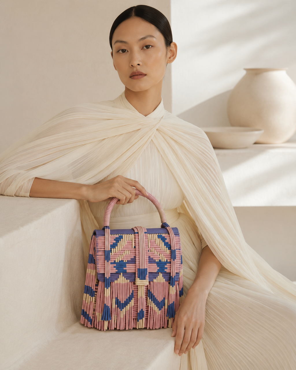 Geometric Woven Leather Top-Handle Bag with Fringe
