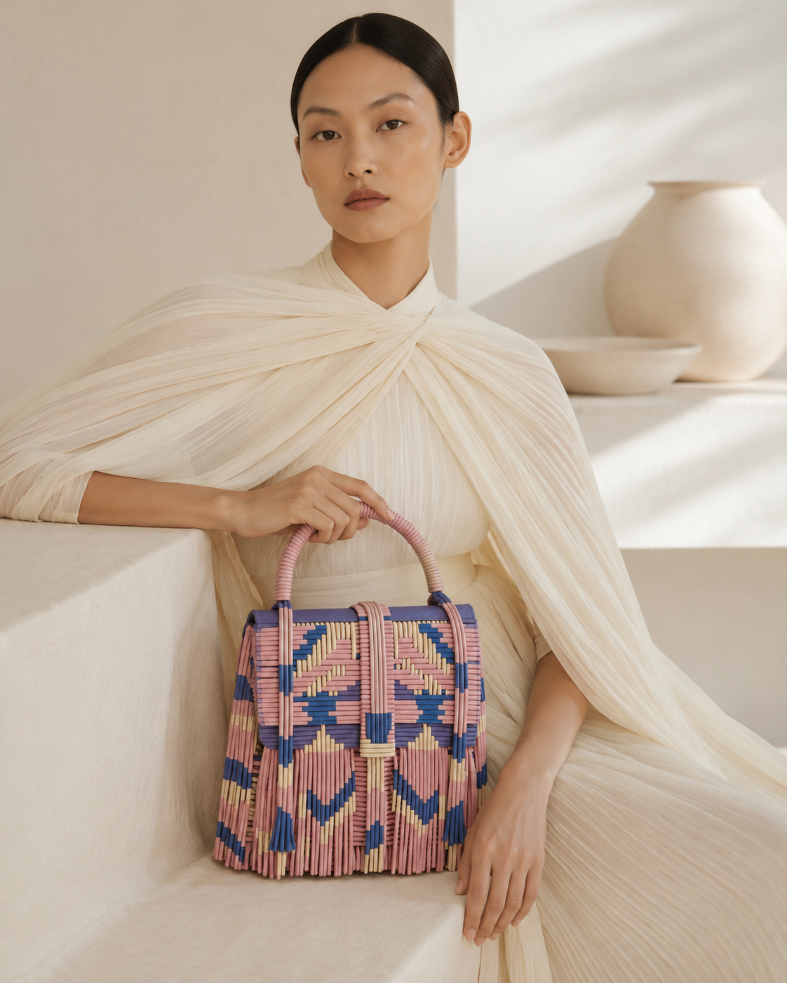 Geometric Woven Leather Top-Handle Bag with Fringe