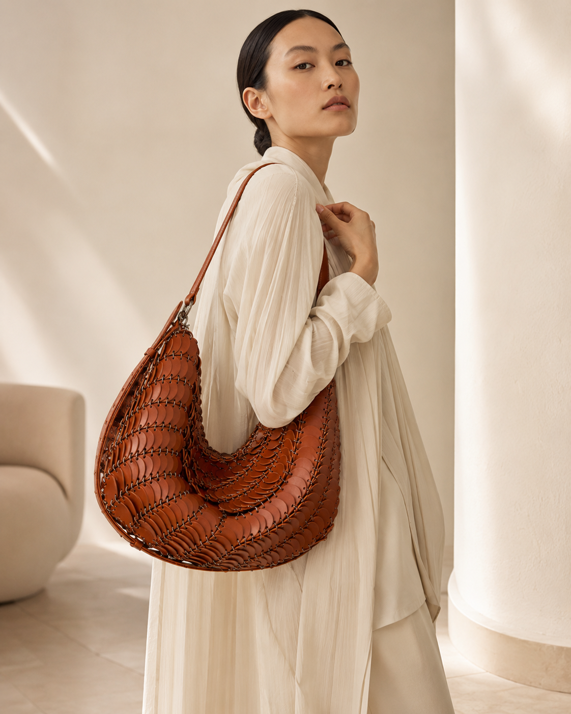Disc-Linked Leather Scale Hobo Bag