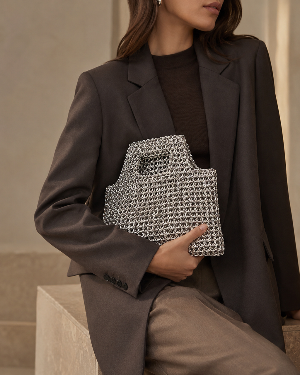 Hand-Linked Metallic Chainmail Top-Handle Bag