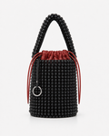 Avant-Garde Beaded Bucket Bag with Contrast Red Leather Drawstring Pouch